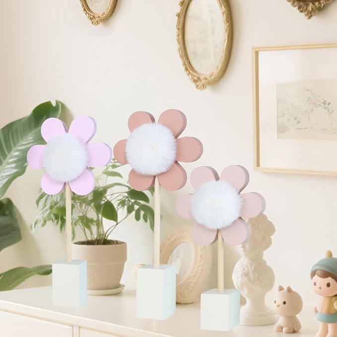 3 Pack Daisy Nursery Shelf Decor, Wooden Spring Flower with Pompom Pistil Boho Baby Girl Nursery Room Decoration Bohemian Cute Wall Art for Bedroom Kindergarten Classroom Playroom Bookshelf Gift