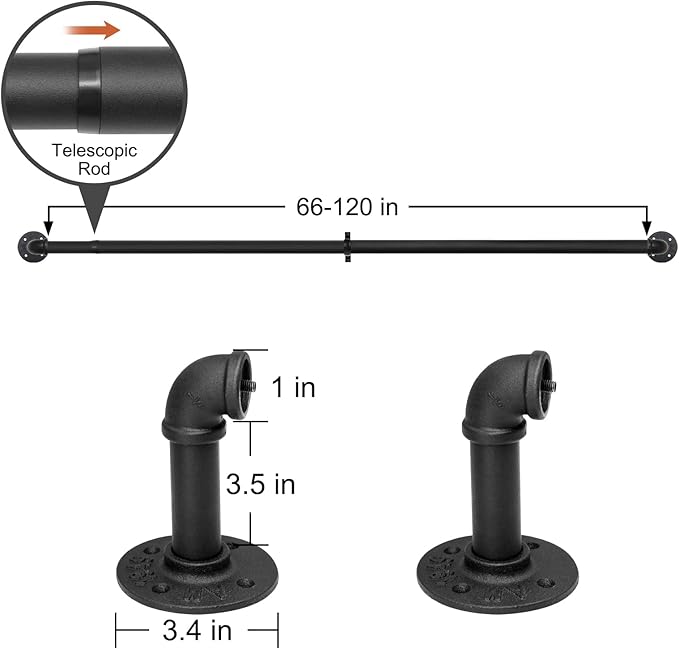 Refrze Curtain Rods for Windows 66 to 120 Inch, 1" Black Industrial Wrap Around, Adjustable Heavy Duty Blackout Curtain Rods for Ceiling, Bedroom, Outdoor Patio