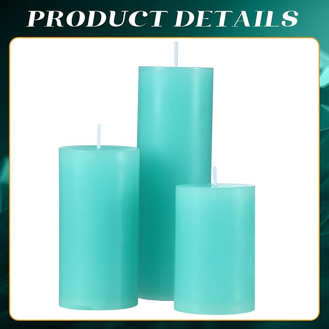 Shihanee Set of 3 Pillar Candles and 3 Glass Cylinder Candle Vases Holders Clear Pillar Jars for Wedding Centerpieces(2.6'' X 4.7'', 5.9'', 7.9'',Lake Blue)