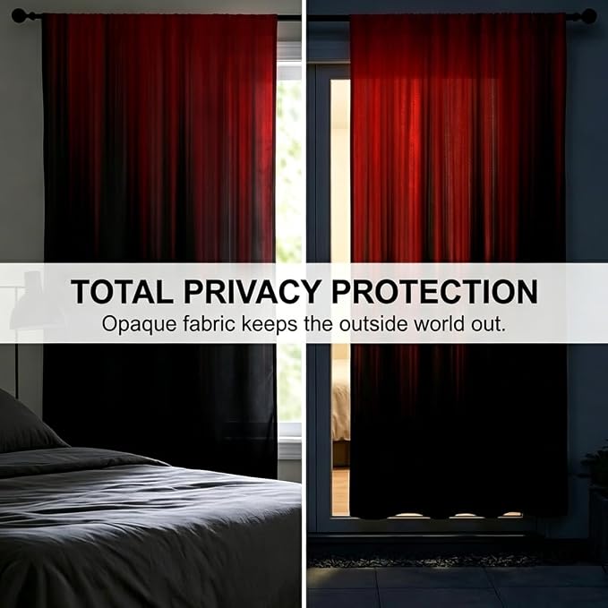 AAtter Red Black Window Curtains, Room Darkening, Rod Pocket 42" W x 63" L | Burgundy Ombre Gothic Drapes, Dark Modern High Precision Fabric, Abstract Anime, 2 Panels Cool Bedroom Decor for Men
