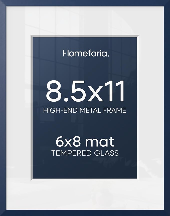 Homeforia 8.5x11 Navy Blue Frame, High End Metal 8.5 x 11 Picture Frames with Mat 6 by 8 inch Photo, 11x8.5 Poster Frame Matted to 6x8 Print, Wall or Tabletop Frame, Tempered Glass, Wall Kit, Set of 2