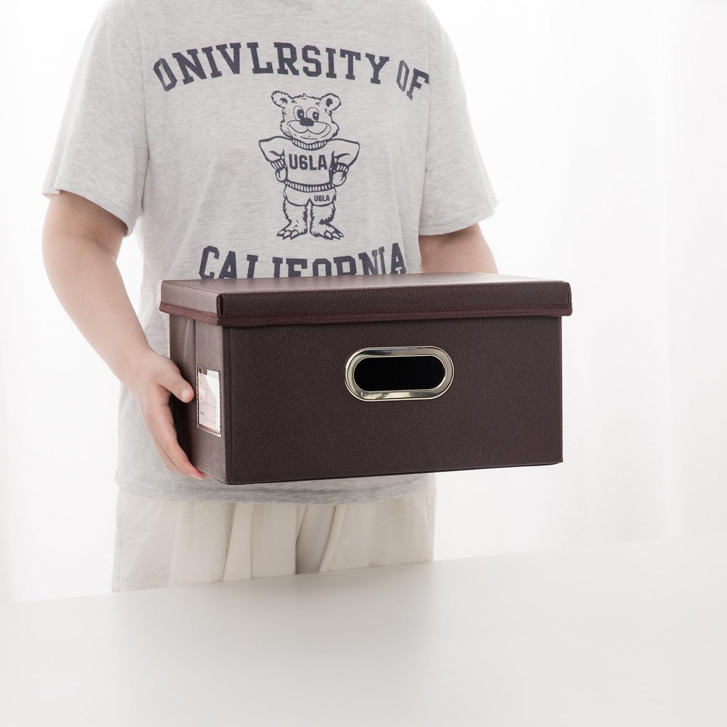 PRANDOM Collapsible Storage Box with Lid [1-Pack] Leather Fabric Foldable Storage Bin Organizer Container Basket Cube with Cover for Home Bedroom Closet Office Nursery Brown (13.6x9.6x6.9)