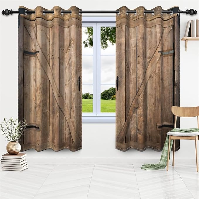 Rustic Curtains Vintage Wood Barn Door Old Garage Door American Native Country Farmhouse Farm Style Rural Art Architecture Living Room Bedroom Window Drapes Treatment,53x96 inch,2 Panels