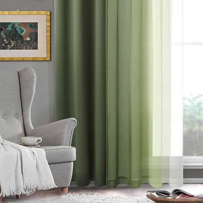 DWCN Ombre Sheer Curtains - Set of 2 Short Window Curtain Panels, Faux Linen Semi Voile Grommet Top Gradient Curtains for Bedroom and Living Room, 52 x 54 Inch Length, Light Olive Green