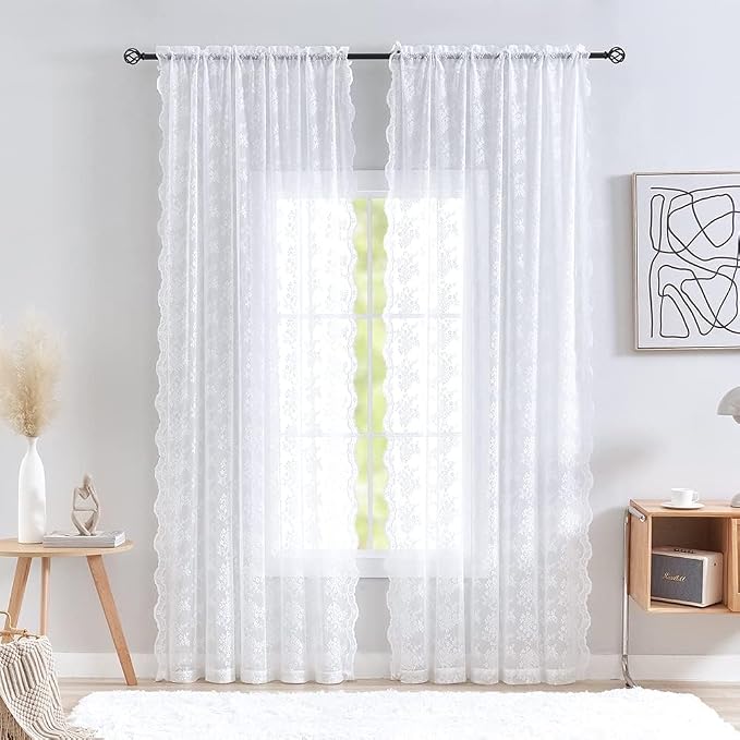 YJ YANJUN Vintage Lace Curtains 108 Inches Long-Victorian Floral White Sheer Curtain Panels for Patio Sliding Door Living Room Embroidered Scalloped Floor to Ceiling Drapes 9ft 104 Wide 2 Panels