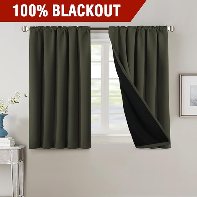H.VERSAILTEX 100% Blackout Curtains for Bedroom with Black Liner Full Room Darkening Curtains 45 Inch Long Thermal Insulated Back Tab/Rod Pocket Window Drapes for Living Room, 2 Panels, Olive