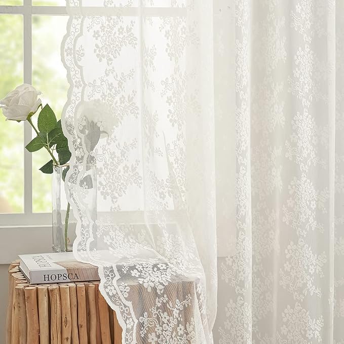 YJ YANJUN Vintage Lace Curtains 108 inches Long 2 Panels Set French Country Shabby Chic Floral Sheer Curtains for Living Room Window Light Filtering Rod Pocket 52W x 108L Ivory