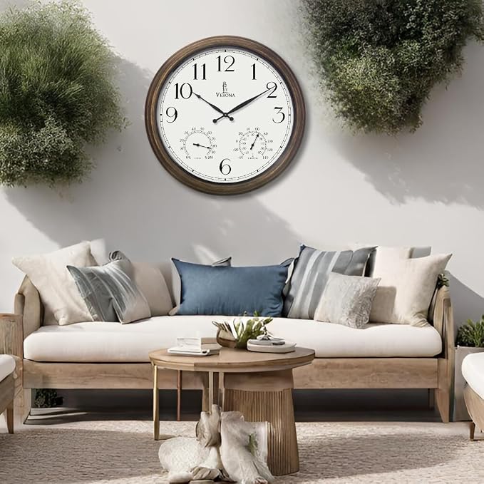 Large Outdoor Clocks for Patio - Waterproof, Accurate & Easy to Read - 24 inch Indoor Outdoor Wall Clock with Thermometer, Temperature and Humidity Combo - Weatherproof for Pool, Garden & Home Decor
