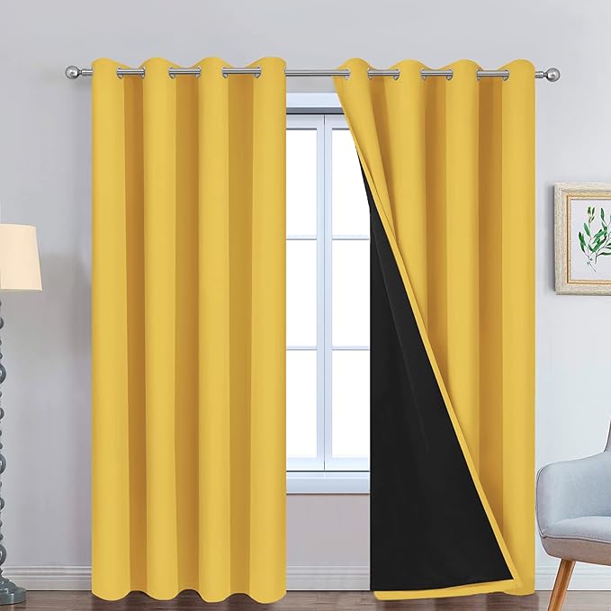 Yakamok Total Blackout Curtains, 2 Thick Layers Completely Blackout Thermal Insulated Drapes with Black Liner for Bedroom(52Wx96L, Mustard Yellow, 2 Panels)