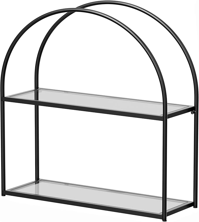 Crofy 2-Tier Arched Wall Shelf with Black Frame & Transparent Shelves | Sturdy Tempered Clear Glass Shelves with Ample Storage Space; Decor for Living Room, Bath, Kitchen, Vanity & Home Office