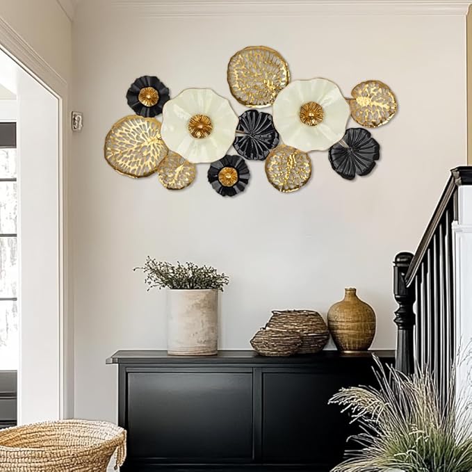 Arborus Modern Floral Metal Wall Art - Elegant Black, Gold, and White Decorative Flower Sculpture for Home & Office Décor (43.3" x 23")