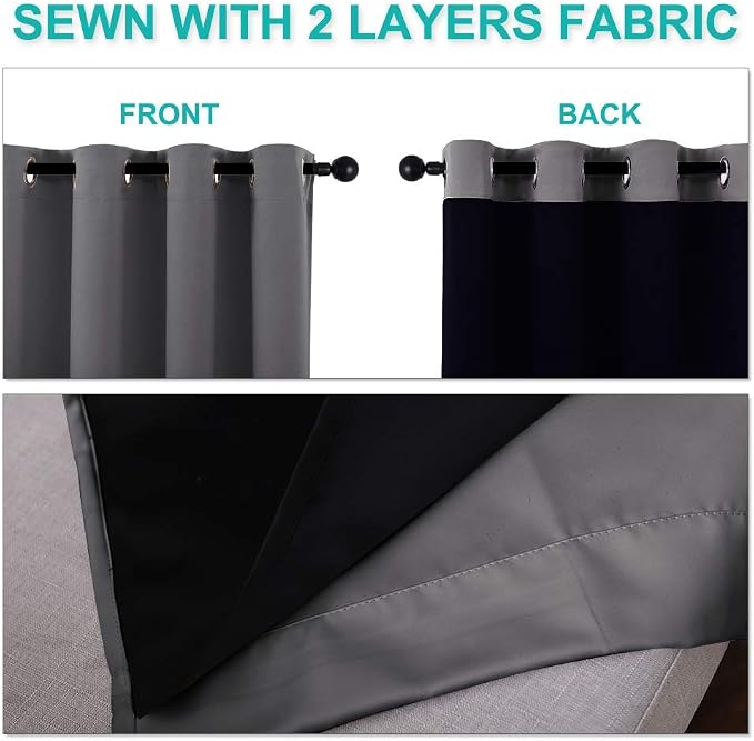 NICETOWN 100% Blackout Short Curtains with Black Liners, 2 Panels, 37" W by 50" L, Grey, Solid Thermal Insulated Full Blackout 2-Layer Lined Drapes, Energy Efficiency Window Draperies for Bedroom