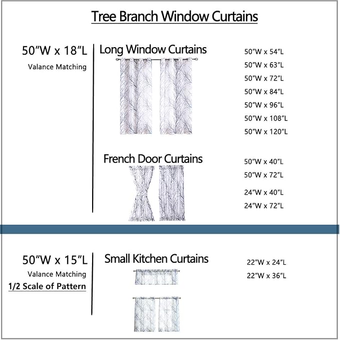 FMFUNCTEX Linen Semi Sheer Curtains for Bedroom, Sage Green White Curtains 45 Inches Long for Living Room, Grey Tree Branch Print Curtain Light Filtering Kitchen Window Drapes, Grommet Top 2 Panels