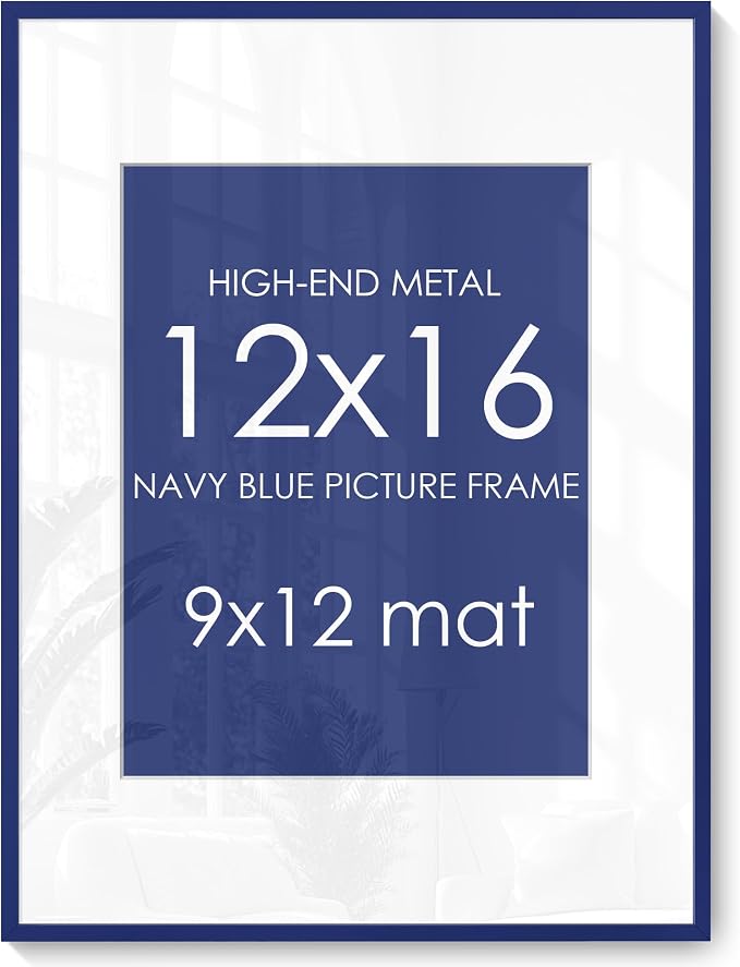12x16 Picture Frame for 9x12 Photo, Minimalist Aluminum Frame, Navy Blue | Sleek Metal Frame for Wall, Desk & Gift | Shatterproof Glass & Hardware