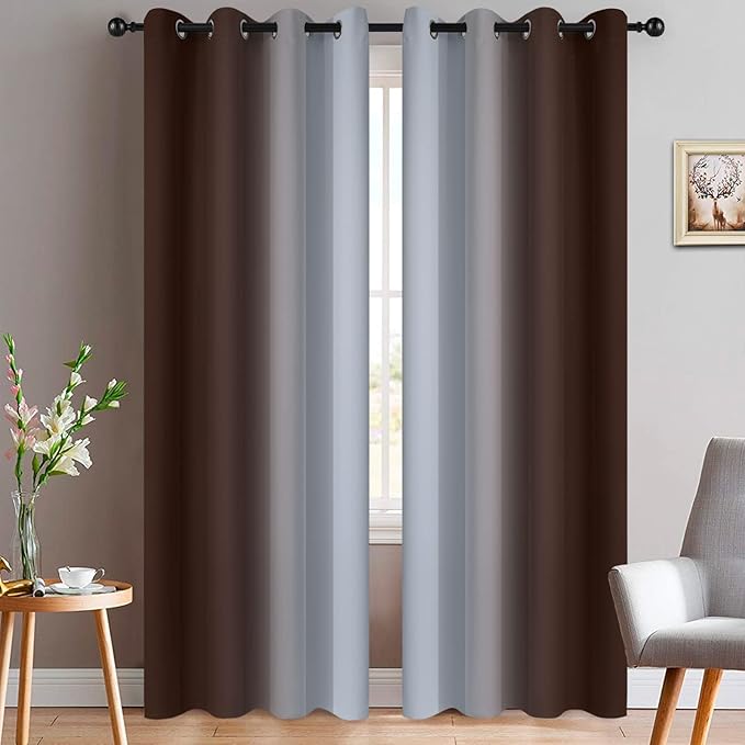 Yakamok Ombre Curtains Brown and Greyish White for Living Room,52Wx84L | Room Darkening Curtains 84,Thermal Insulated Gradient Color Drape,Light Blocking Grommet Window Curtains for Bedroom,2 Panels