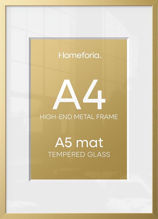 Homeforia A4 Gold Picture Frame, High End Metal 8.3 x 11.7 Frames for Wall or Tabletop, Gold A4 Certificate Frame with Mat A5, 8.3x11.7 Frames Matted to 5.8x8.3 Art, Tempered Glass, Wall Kit, Set of 1