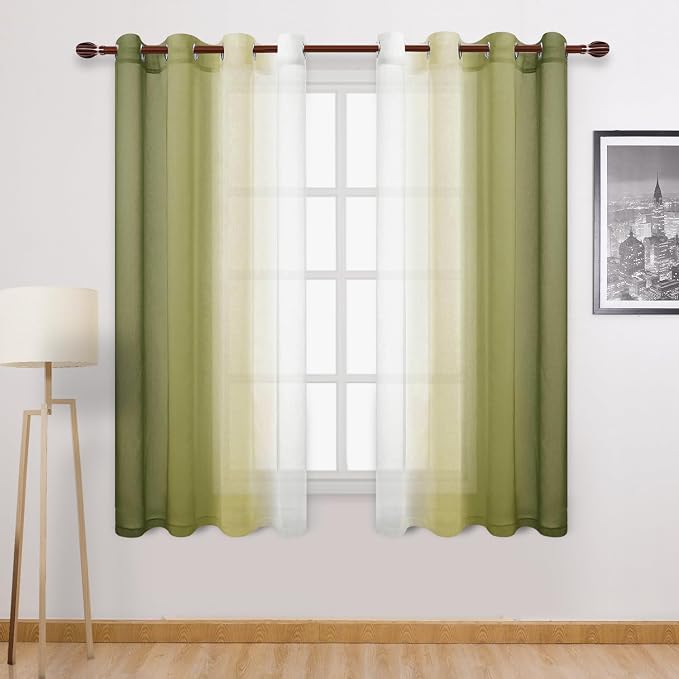 DWCN Ombre Sheer Curtains - Faux Linen Gradient Semi Voile Grommet Top Bedroom and Living Room Curtains, Set of 2 Window Curtain Panels, 52 x 63 Inch Length, Olive Green