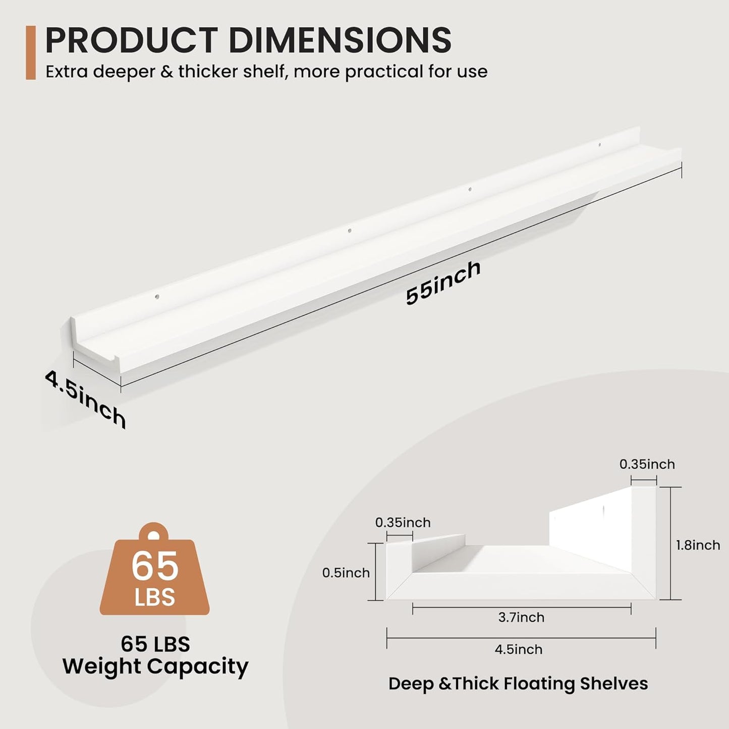 Fun Memories Picture Ledge Shelves Set of 2, 55 Inch Rustic Wall Mounted Floating Shelves with Lip for Home Storage and Décor in Bathroom, Kitchen, Nursery, Bedroom, Living Room, White