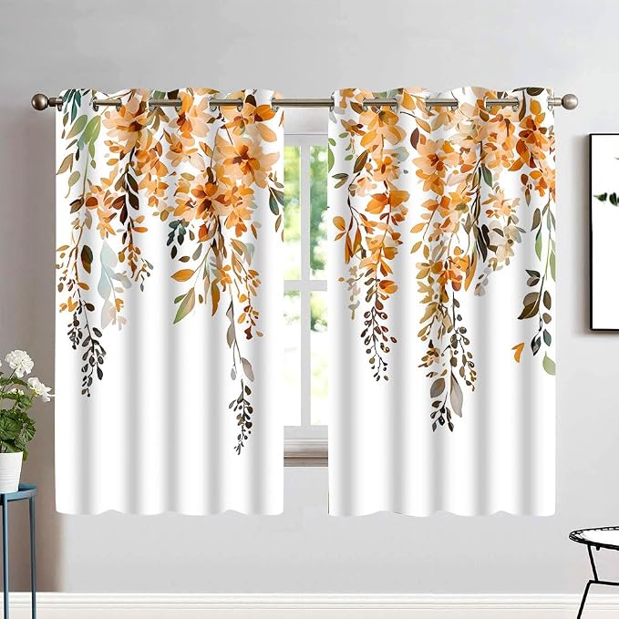 Orange Watercolor Floral Curtains, 52x63 inch, 2 Panels | Botanical Leaves Vine Flowers, Rustic Farmhouse Style, Blackout Window Treatment, For Bedroom Living Room