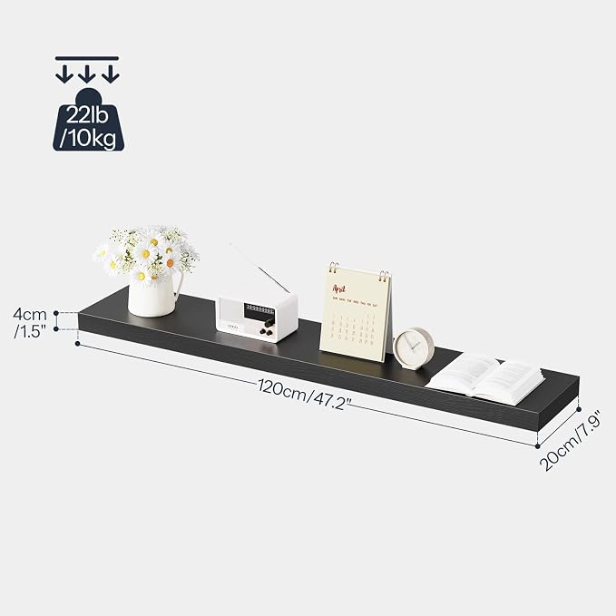 HOOBRO Floating Shelves for Wall, Wall Mounted Shelf Set of 2, 47.2" Hanging Shelf with Invisible Brackets, for Wall Decor Storage in Bathroom Bedroom Kitchen Living Room Office, Black BK120BJP201