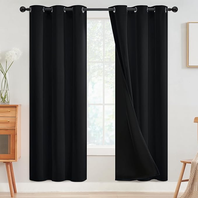 SimpleHome 100% Blackout Curtains for Bedroom,Thermal Insulated Black Grommet Window Drapes Room Darkening Curtains for Living Room with Black Back,42 x 72 Inch,2 Panels