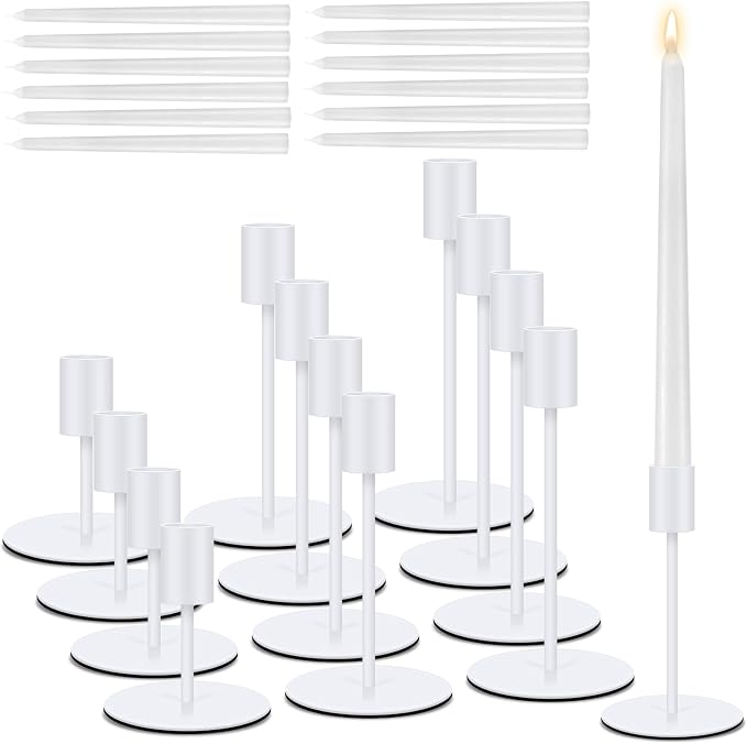 12 Set Candle Holders Bulk with 10'' Dripless Taper Candles 3.3'' 5.5'' 6.3'' Metal Candlestick Holders Vintage Modern Decorative Table Centerpiece for Wedding Birthday Home Decor (White)