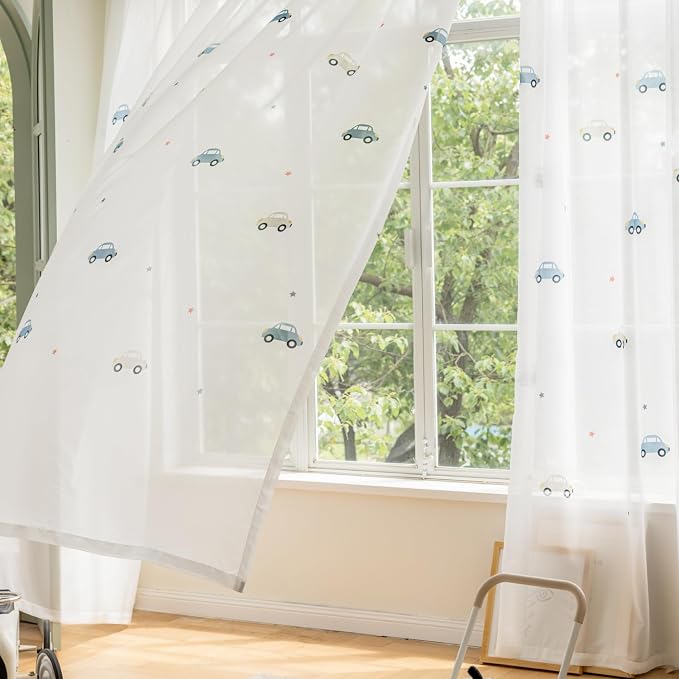 KMSG Cartoon Car Pattern Printed Sheer Curtains for Bedroom Living Room | Lovely Car Light Filtering Curtain Drapes for Playrooms Voile Tulle Window Treatments Grommet Top 1 Panel W42 x L63 Inch