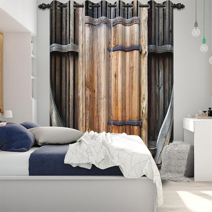 Rustic Farm Kitchen Curtains Farmhouse Old Wooden Door Vintage Barn Door Blackout Window Drapes for Living Room Bedroom Rural Room Darkening Window Treatment,26x84 inch,2 Panels