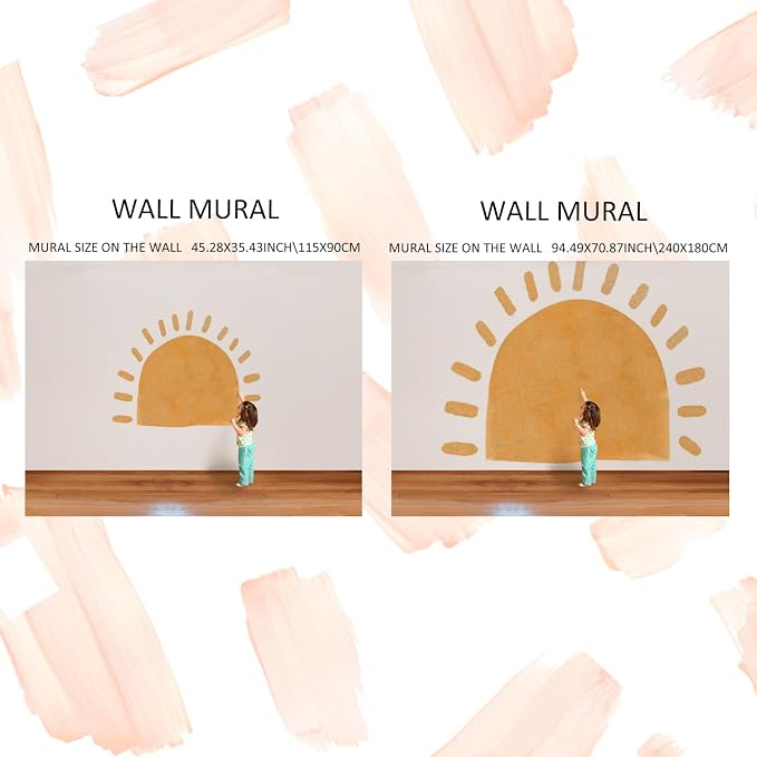 Large Fabric Watercolor Boho Half Sun Wall Decals Peel and Stick, Pastel Sunrise Wall Murals Stickers, Sunshine Wall Arch Art Decor for Kids Room Playroom Nursery Bedroom, 45.28" x 35.43"