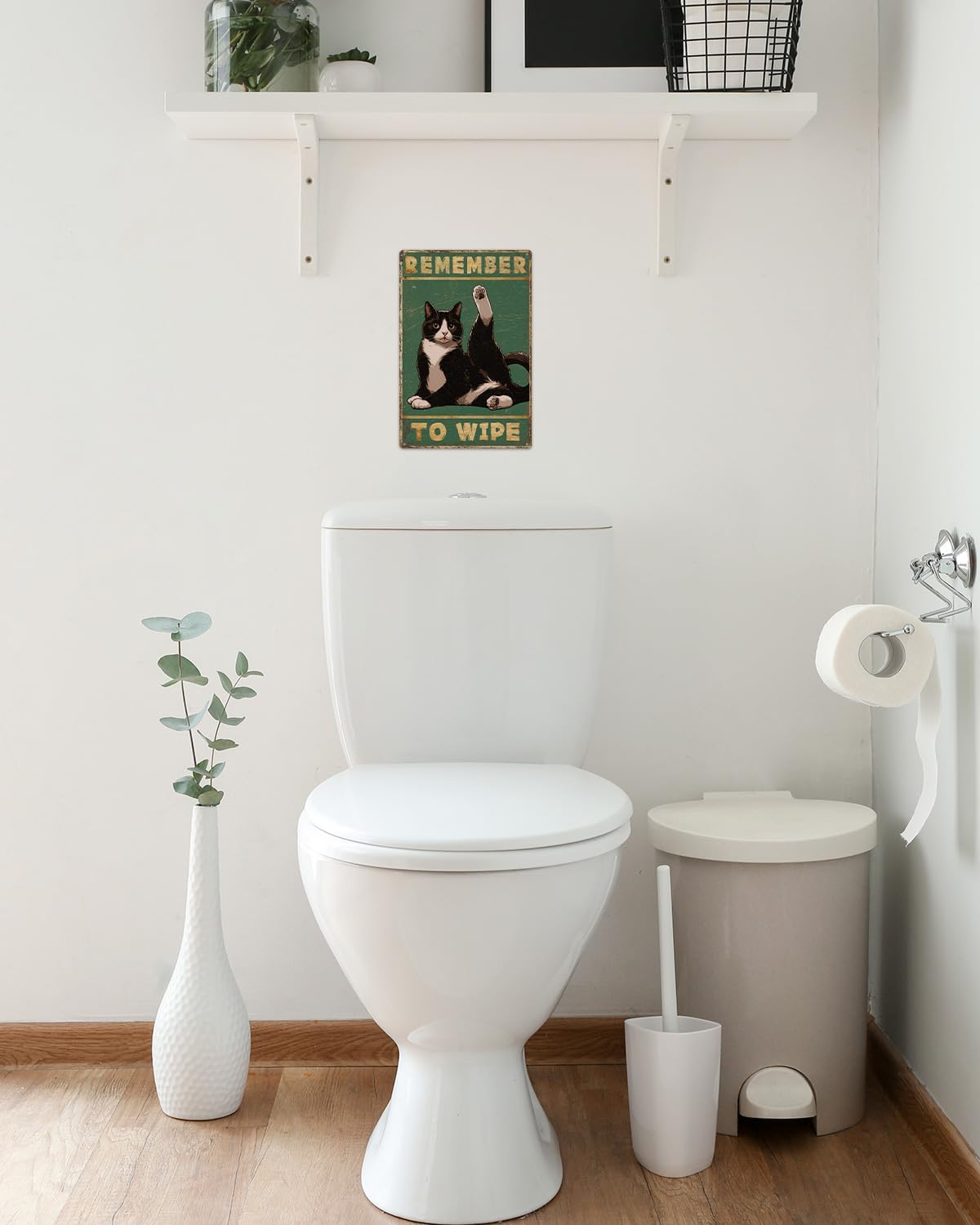 ALKB Bathroom Tuxedo Cat Sign - Remember to Wipe - Cat Lover Gift 8x12 Inch Vintage Metal Sign for Bathroom Decorations