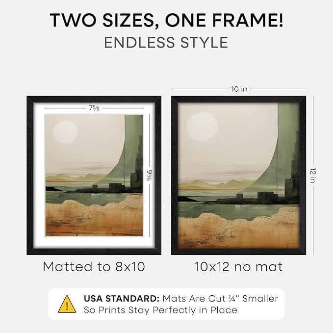 Homeforia 10x12 Picture Frame Black Wood, High End Oak 10x12 Poster Frames with Mat 8x10, 10 x 12 Wooden Frame Matted to 8 x 10 inch Photo, 12x10 Thin Hanging Frame, Tempered Glass, Wall Kit, Set of 2