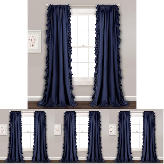 Lush Decor Reyna Ruffle Window Curtain Panel Set, 54" W x 84" L, Navy-Flowy Curtain Set-Romantic Ruffle Curtains for Bedroom, Living Room, or Dining Room-Farmhouse & Cottage Home Decor (Pack of 8)