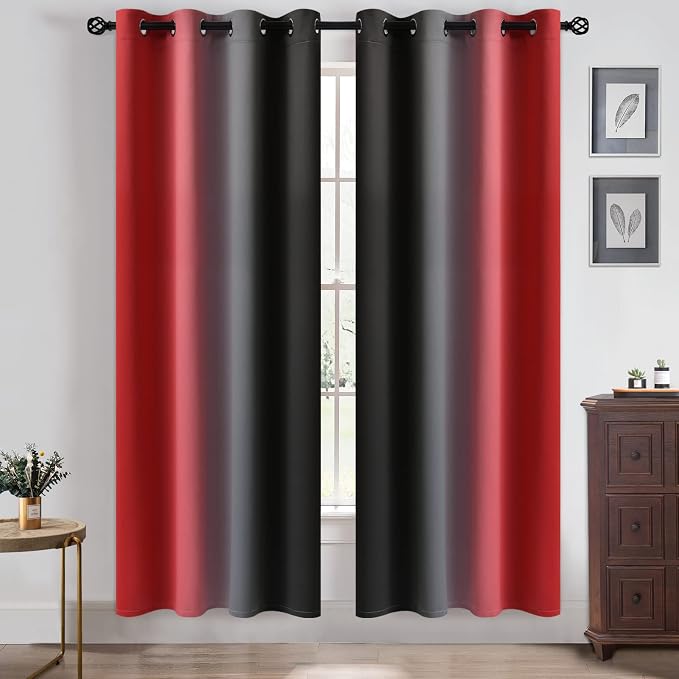 Yakamok Blackout Ombre Black and Red Curtains for Bedroom,Room Darkening Grommet Thermal Insulated Full Light Blocking Window Drapes/Curtains for Living Room,52 x 72 Inch,2 Panels