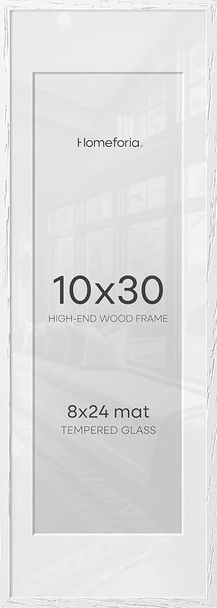 Homeforia 10x30 White Picture Frame, High End Oak 10x30 Wood Poster Frames with Mat 8x24 Print, 10 x 30 White Wooden Frames Matted to 8 by 24, 30x10 Panoramic Frame, Tempered Glass, Wall Kit, Set of 2