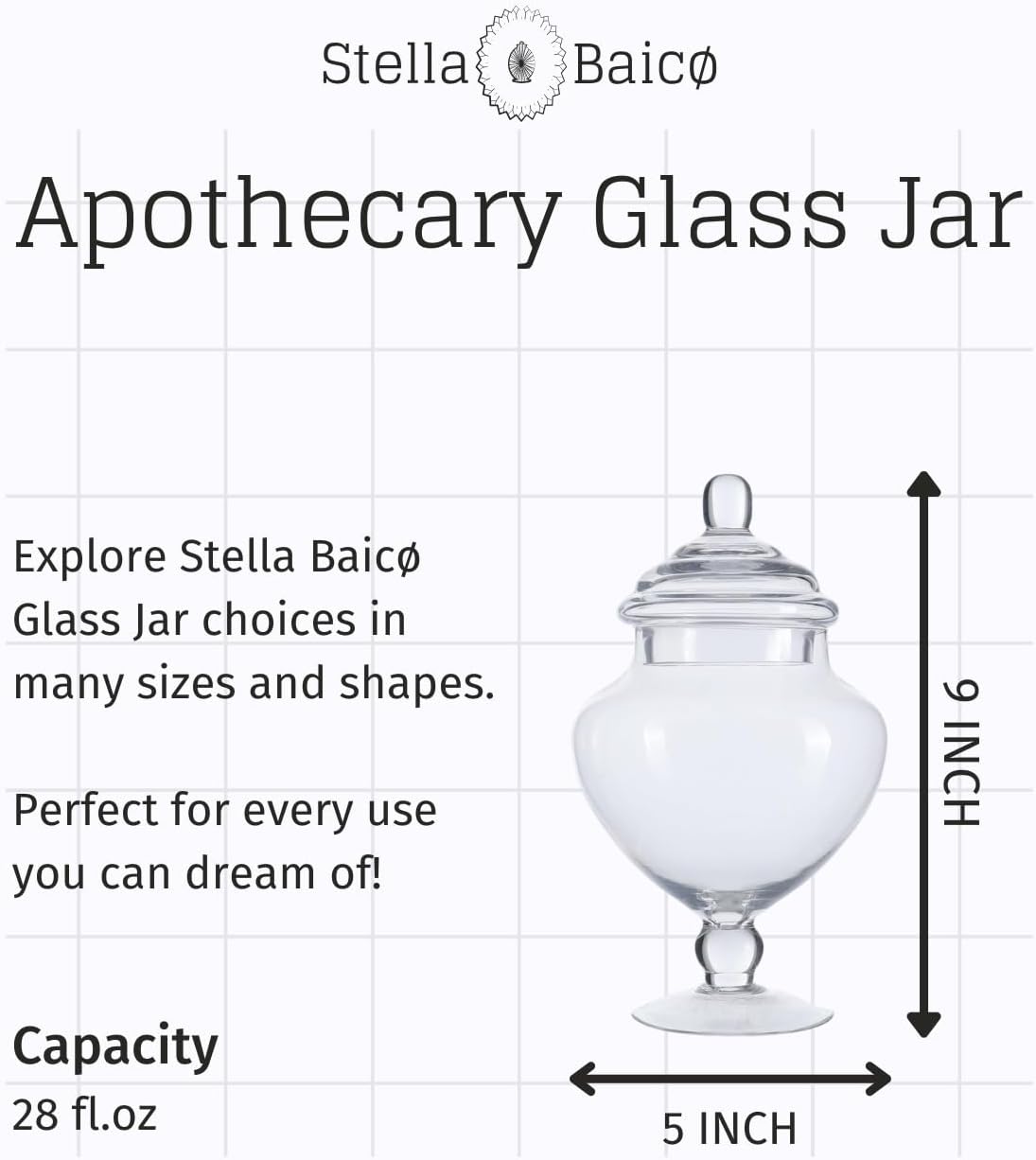 Stella Baic Small Heart-Shaped Glass Apothecary Jars with Lids, Clear, 28 Fl. Oz (9" H x 5" D), Perfect for Candy Buffet, Home Decor, Bathroom Storage, Wedding Party