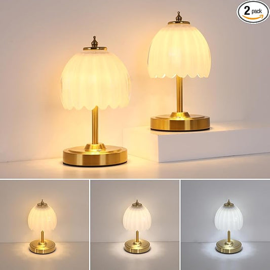 Shenmoyl Set of 2 Tulip Table Lamp with 5200mAh Battery & Touch Control, Cordless Small Table Lamp with 3 Colors, Rechargeable Battery Operated Table Lamps for Nightstand, Bedroom (White Tulip)