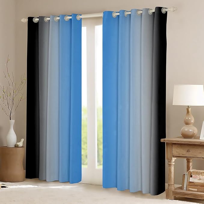 jejeloiu Blue Darkening Drapes (2 Panels, 52 x 84 Inch) Ombre Black Curtains for Bedroom Living Room for Kids Decor Gradient Style Blackout Curtains Abstract Window Treatments