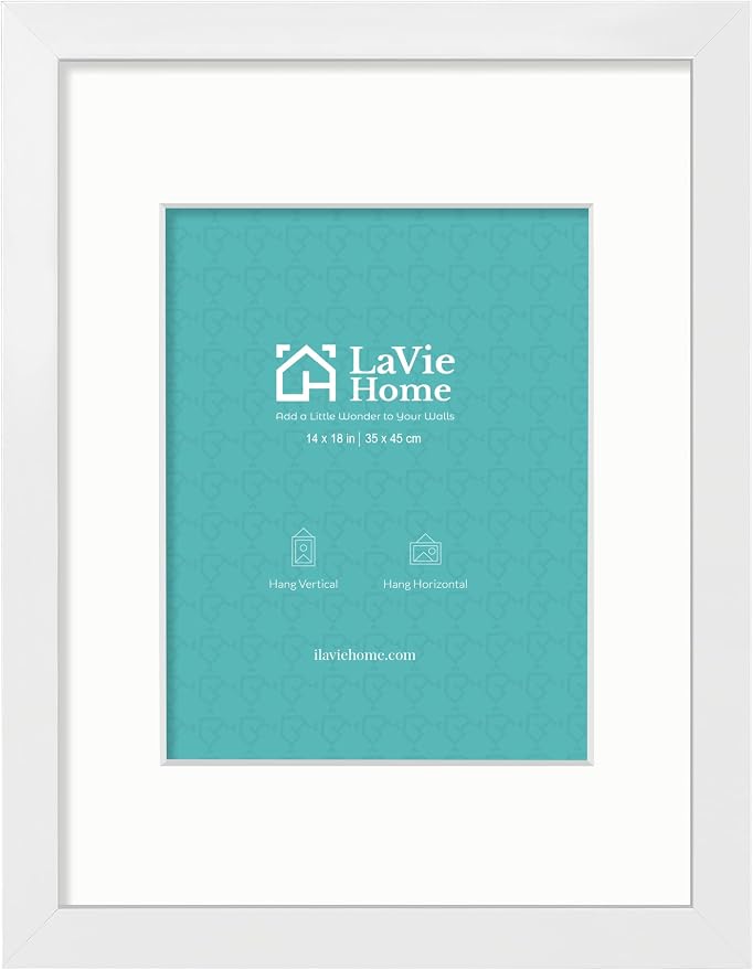LaVie Home 14 x 18 Poster Frame White, Display Pictures 12x16 with Mat or 14x18 Without Mat, Stable and Sturdy Picture Frame and Polished Plexiglass, Horizontal and Vertical Format of The Wall（1 Pack）
