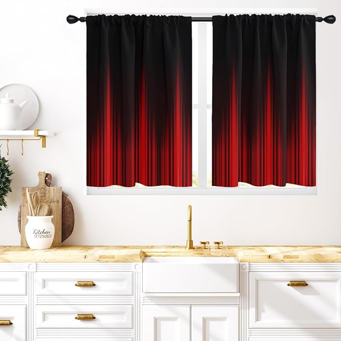 Coxila Red and Black Kitchen Window Curtains 27.5 x 36 Inch Small Short Mini Cafe Rod Pocket Gothic Ombre Goth Dark Cool Anime Living Bedroom Room Home Treatment Set of 2 Curtain Panels Drapes Tiers