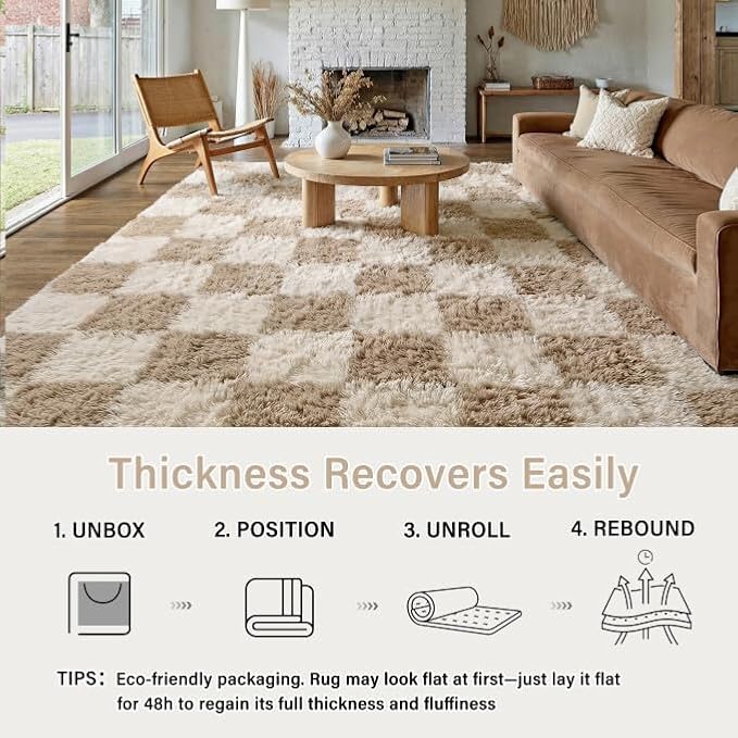 PureCozy Beige 8x10 Area Rugs for Living Room Soft Shag Checkered Large Rug Modern Washable Indoor Office Fuzzy Carpet Non-Slip Fluffy Rugs for Bedroom Nursery Dorm Playroom Home Aesthetic Decor
