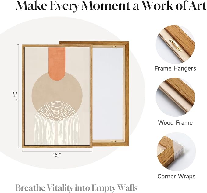 3 Piece Framed Abstract Boho Canvas Wall Art for Living Room, Large Mid Century Modern Geometric Line Prints Paintings, Neutral Minimalist Beige Orange Artwork Decor for Bedroom Entryway, 16x24 Inch