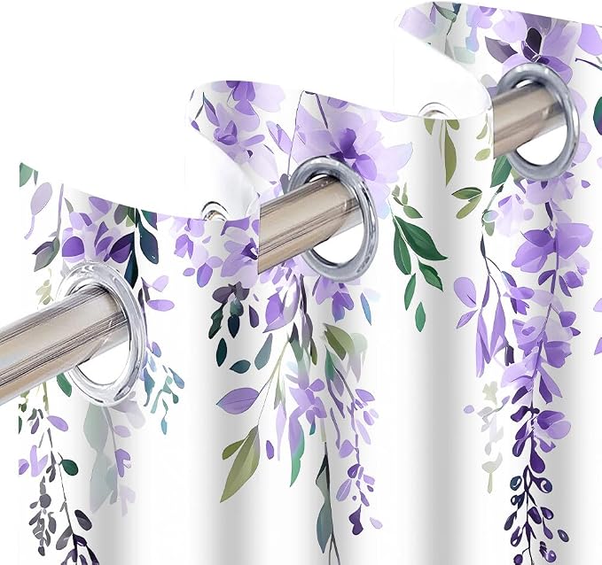 Purple Watercolor Floral Curtains, 42x63 inch, 2 Panels | Botanical Leaves Vine Flowers, Rustic Farmhouse Wisteria, Blackout Window Treatment, For Bedroom Living Room