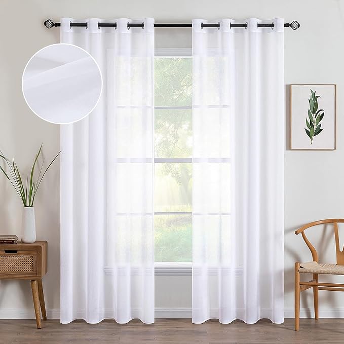 MIULEE 2 Panels White Semi Sheer Window Curtains 96 Inches Long Elegant Decoration Grommet Top Window Voile Drapes/Treatment Linen Textured Panels for Bedroom Living Room (54X96 Inches)