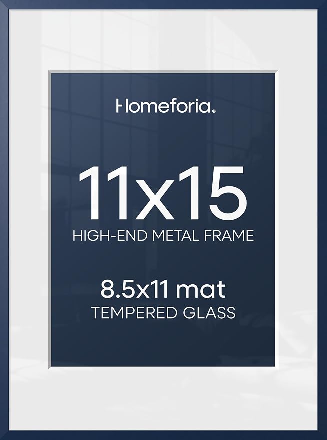 Homeforia 11x15 Picture Frame Navy Blue, High End Metal 11x15 Wall Hanging Frame with Mat 8.5x11, 11 x 15 Poster Frames Matted to 8.5 x 11 inch Photo, 11by15 Frames, Tempered Glass, Wall Kit, Set of 2