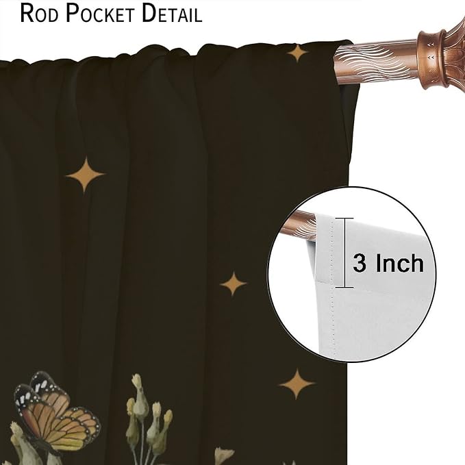 Wild Mushroom Blackout Curtains,Retro Floral Plants Boho Moon Star Window Drapes,Butterfly Botanical for Living Room Kitchen Bedroom,Black Background 72x63in