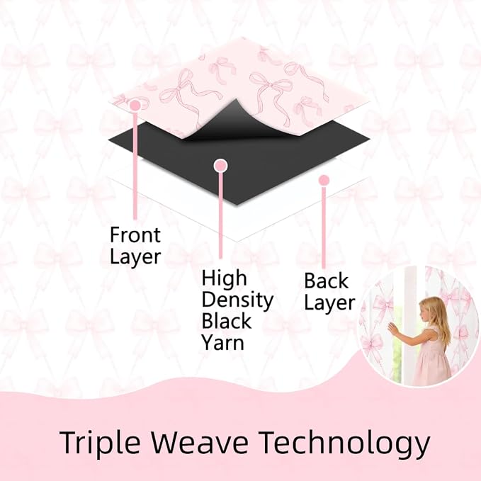Feelyou Bow Room Darkening Blackout Curtain Boys Girls (2 Panels, 38 x 54 Inch) Pink Girls Bow Curtains for Bedroom Living Room Cute Bowknot Blackout Curtains Kawaii Window Treatments