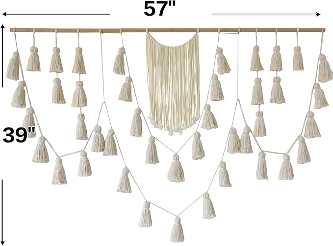 Jakalin Macrame Wall Hanging Boho Tassel Garland 57"x39" | Handmade Cotton Rope Wall Decor for Living Room, Bedroom, Nursery | Large Macrame Banner for Wedding Backdrop, Home Decoration