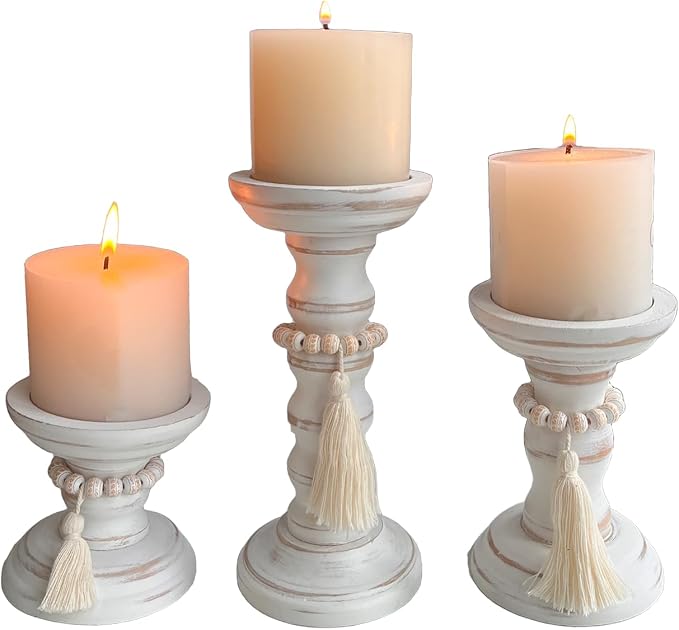 Wood Candle Holders for Pillar Set of 3 Rustic Candles Holder Tall Candlestick Stand for Farmhouse Decor Fireplace Table Centerpieces