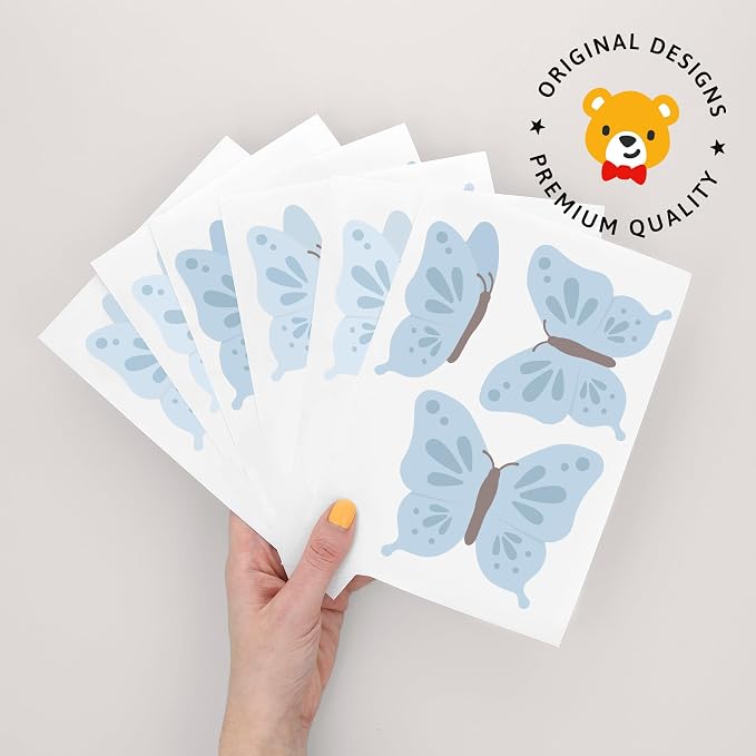 Teddylabels - Blue Butterflies - Easy-to-Apply & Removable Wall Stickers: Transform Your Toddlers Bedroom with Durable, Vibrant Peel-and-Stick Wall Decor – Stickers for Kids