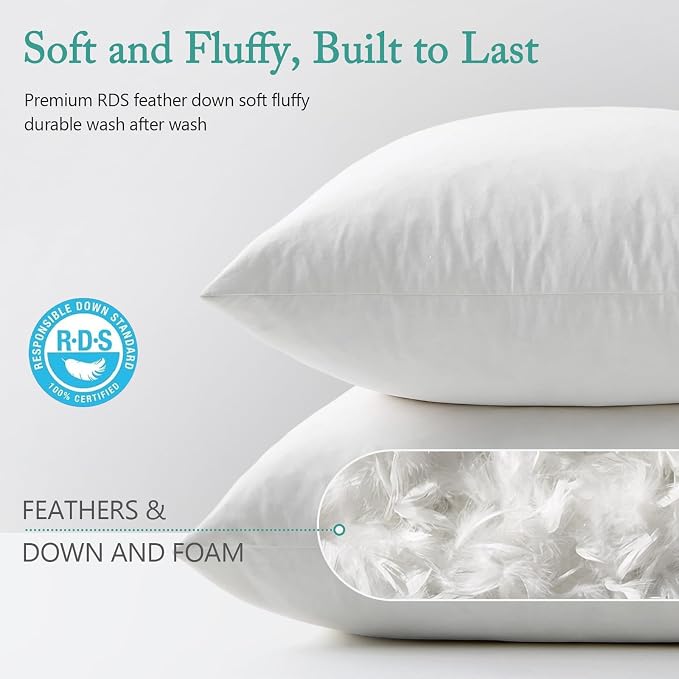 BPC Luxury Feather Down 26x26 Euro Pillow Inserts Set of 2, Soft Fluffy Throw Pillow Inserts, 100% Organic Cotton Cover, Square Pillows for Couch, Living Room, Bed, Sofa